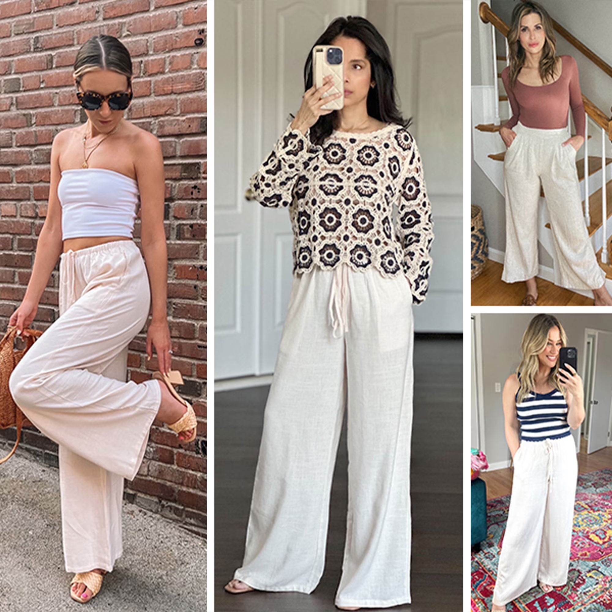 Pants for Women Wide Leg Linen Pant White Summer Casual Palazzo Flowy Pants with Pocket Drawstring Loose Lightweight Pants M