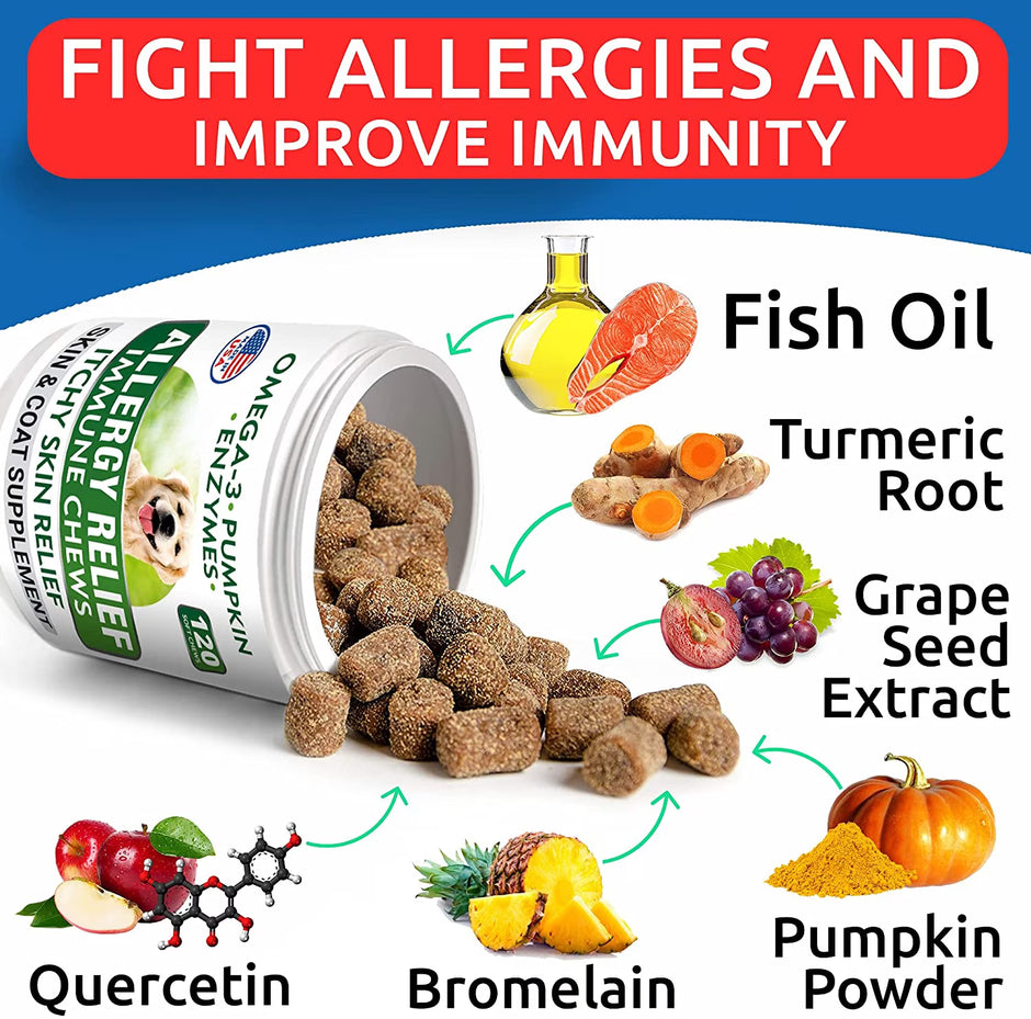 Dog Allergy Relief Chews - Anti-Itch Skin & Coat Supplement - Omega 3 Fish Oil - Itchy Skin Relief Treatment Pills - Itching&Paw Licking - Dry Skin&Hot Spots - (120 Ct - Chicken)