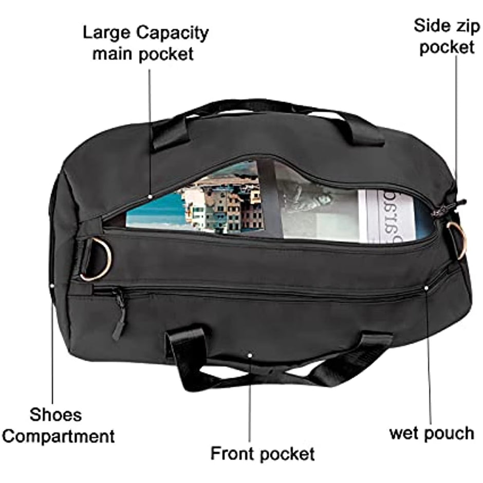 Sports Gym Bag Travel Duffel Bag Waterproof Weekender Overnight Tote Carry on Bag with Wet Pocket & Shoes Compartment for Men Women Lightweight Adjustable Strap Black