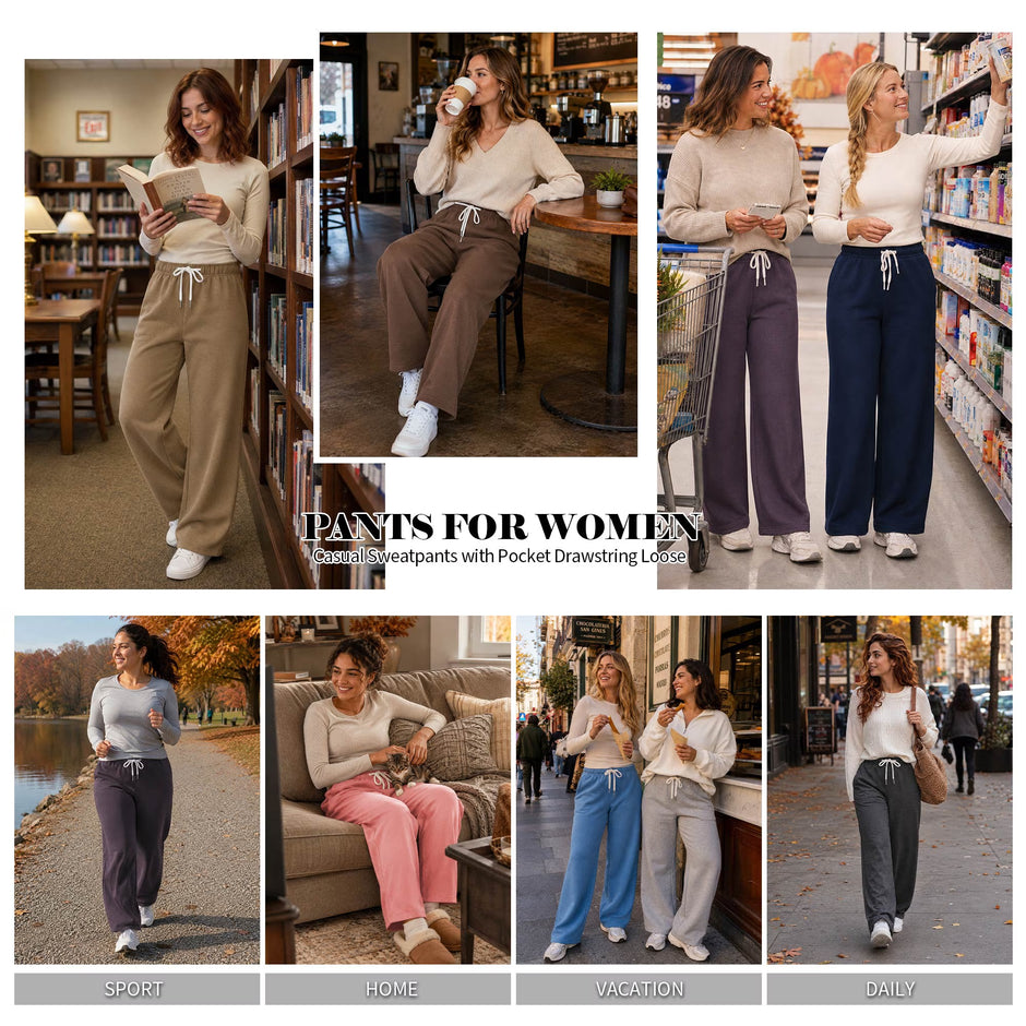 Sweatpants for Women Wide Leg Pants Fall Sweatpants with Pockets Elastic Waistband Comfy Pants Women Winter Lounge Pants Light Grey M