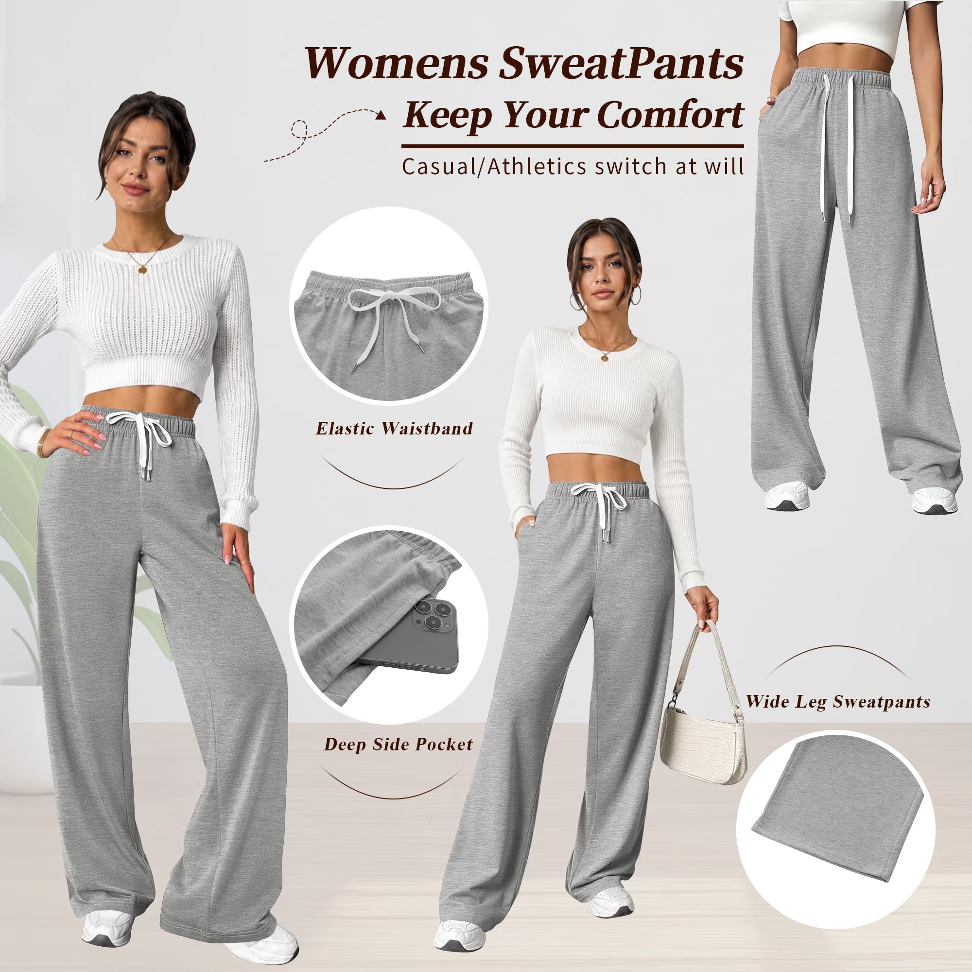 Sweatpants for Women Wide Leg Pants Fall Sweatpants with Pockets Elastic Waistband Comfy Pants Women Winter Lounge Pants Light Grey M