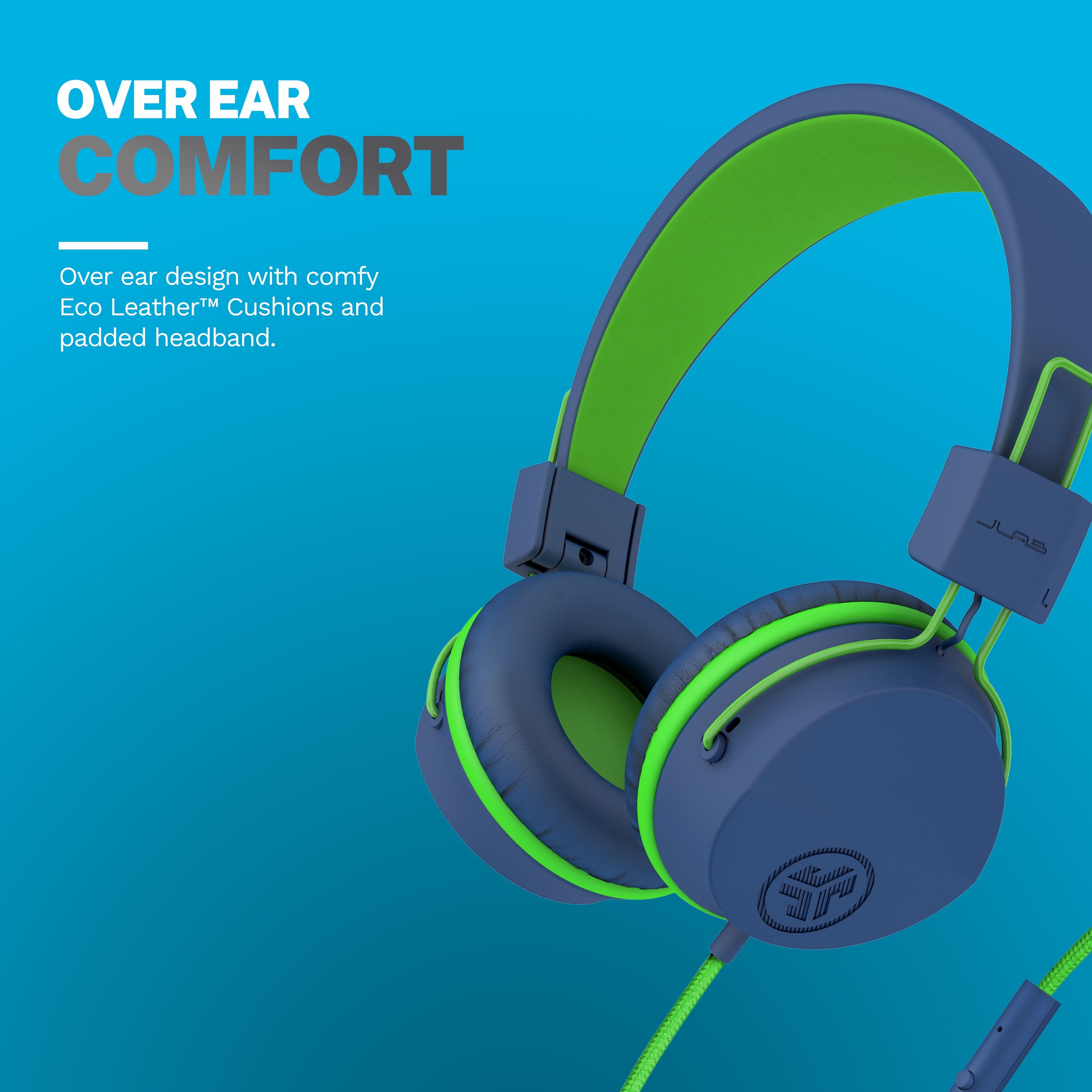Jbuddies Studio On-Ear Kids Wired Headphones, Blue/Green, Studio Volume Safe, Volume Limiter, Folding, Adjustable, Noise Isolation, with Mic