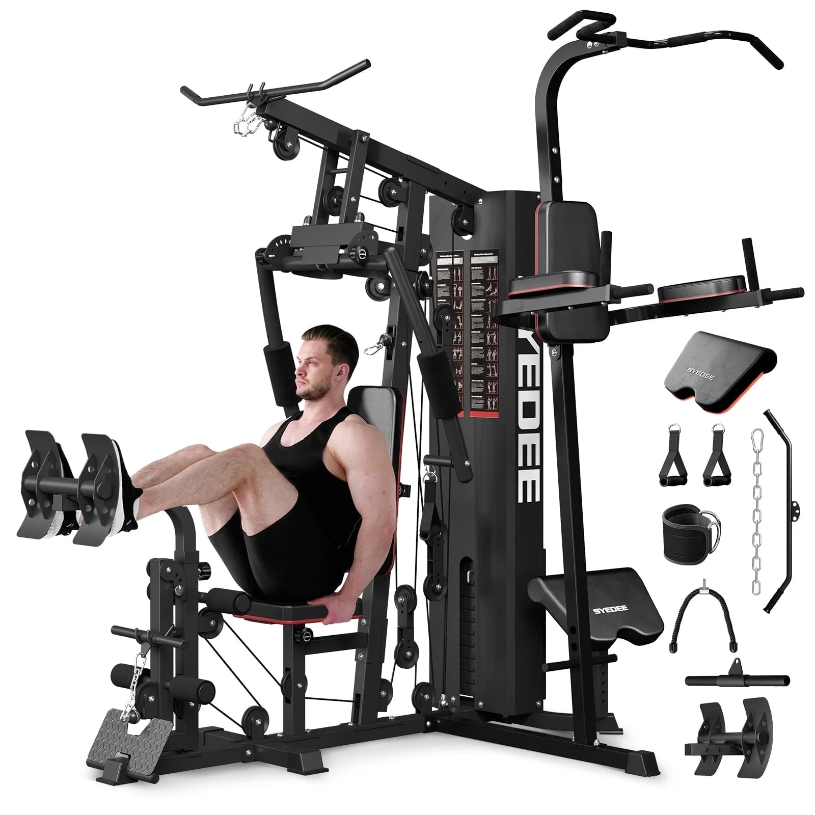 Home Gym Station, Workout Station with 150LBS Weight Stack, Home Gym Equipment with Power Tower for All Body Training
