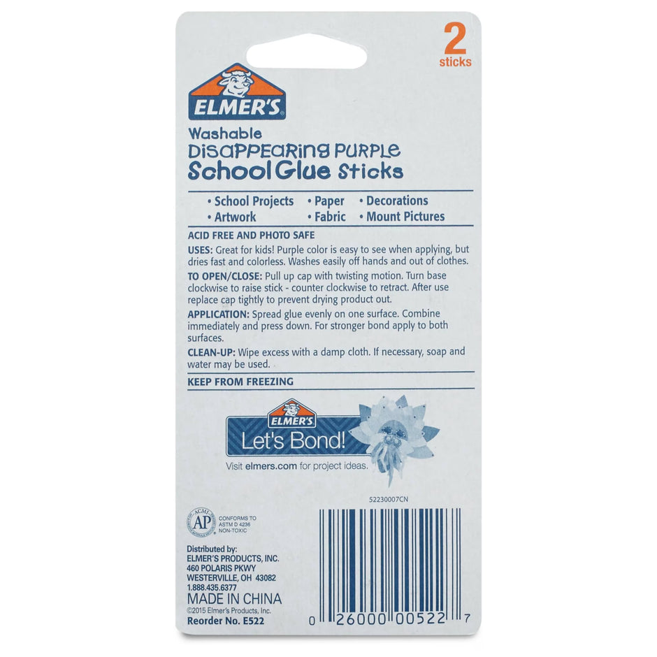 Disappearing Purple School Glue Sticks, Washable, 2 Count