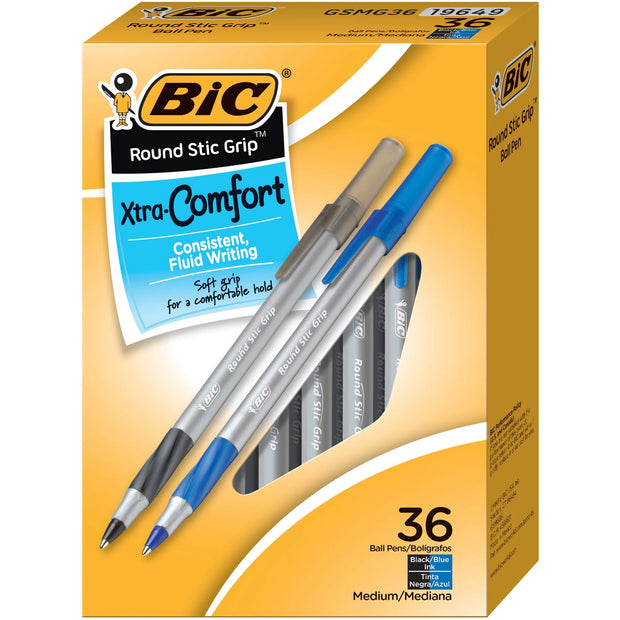 Round Stic Grip Xtra Comfort Ballpoint Pen Value Pack, Easy-Glide, Stick, Medium 1.2Mm, Assorted Ink and Barrel Colors, 36/Pk