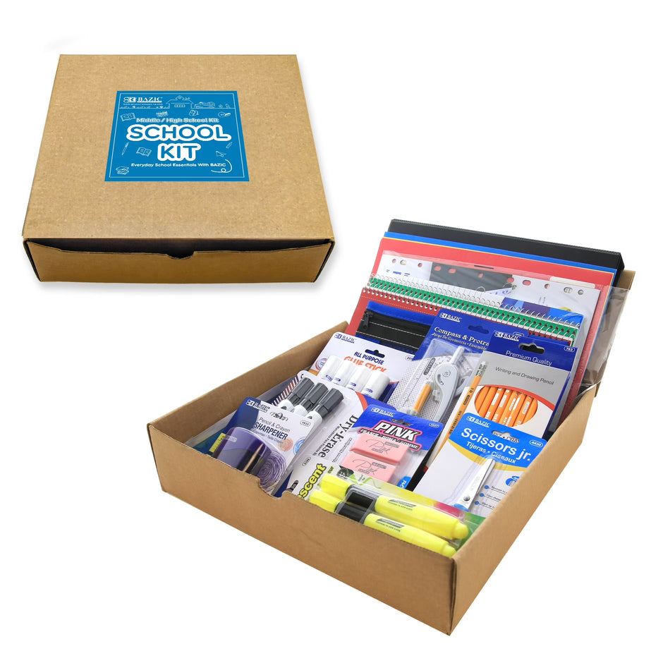 BAZIC Middle High School Kit Bundle Supplies Box 65 Count for Student 7-12 Grades,  School Supplies Composition Books Binder and More, SPEC MAY VARY, 1-Pack