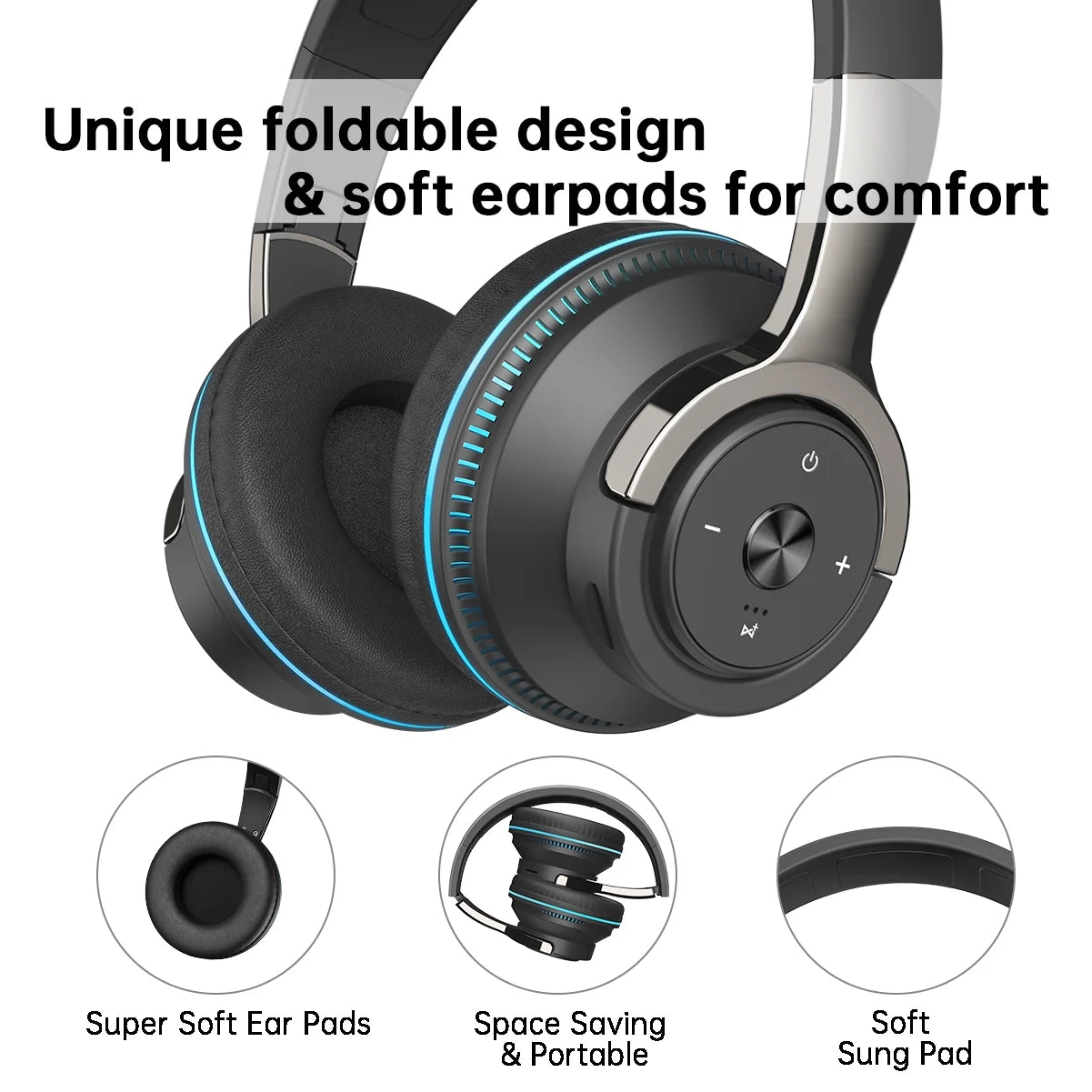Wireless On-Ear Headphone, Upgrade Bass Hifi Stereo Heaset, Foldable, Noise Isolating over Ear Headphone W/ Microphone and Volume Control, for Computer Laptop Cell Phone,Black