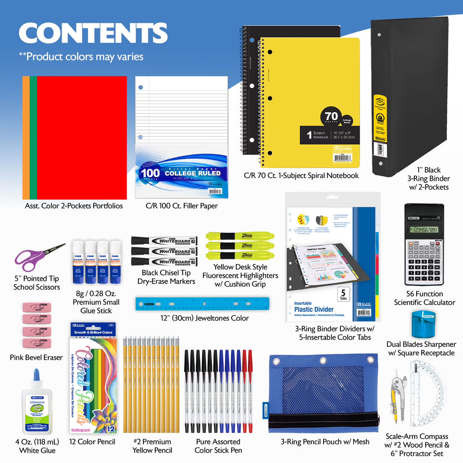 BAZIC Middle High School Kit Bundle Supplies Box 65 Count for Student 7-12 Grades,  School Supplies Composition Books Binder and More, SPEC MAY VARY, 1-Pack