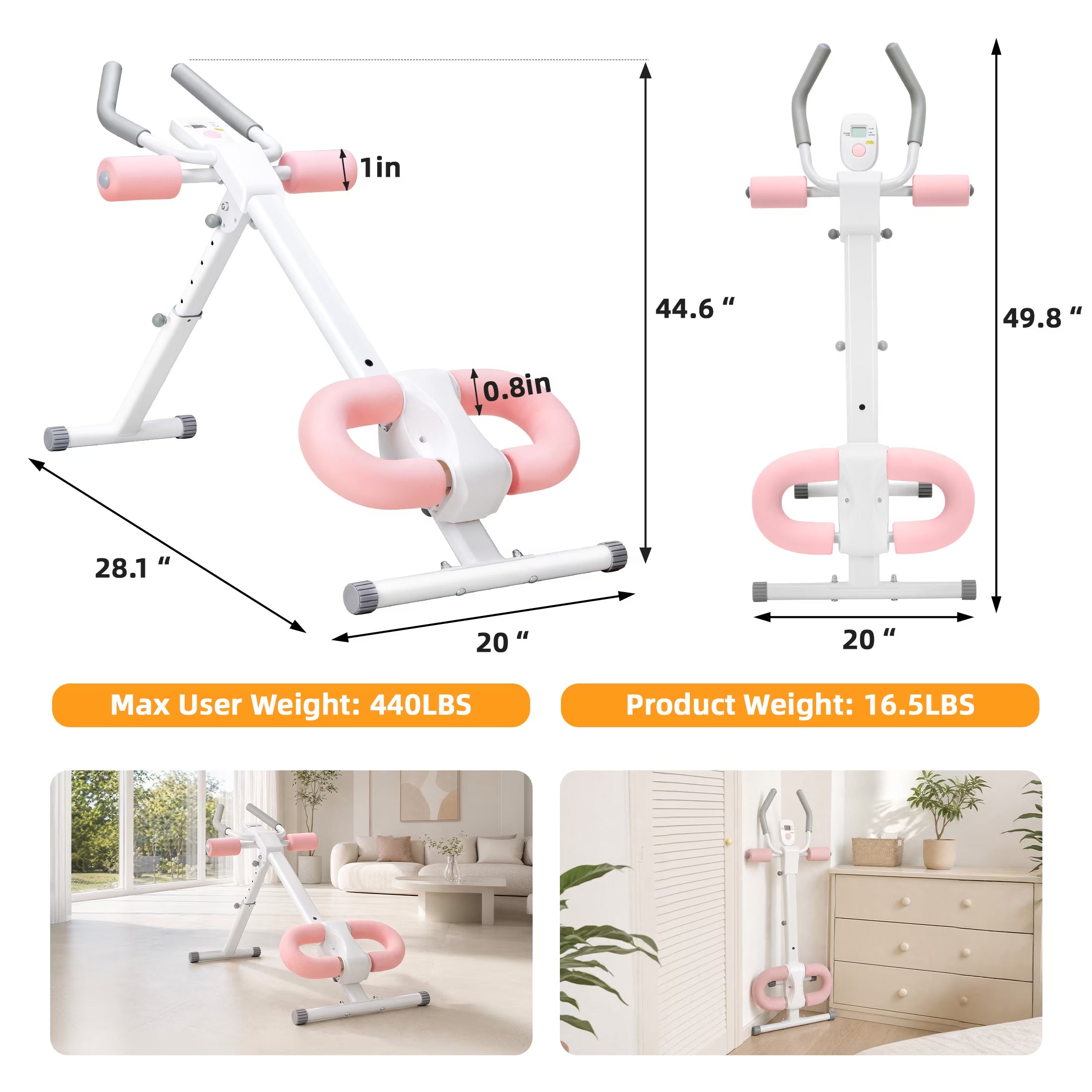 Ab Machine for Home Gym, Adjustable Ab Workout Equipment with LCD Display, Foldable Core Trainer, 440 Lbs Capacity, Pink
