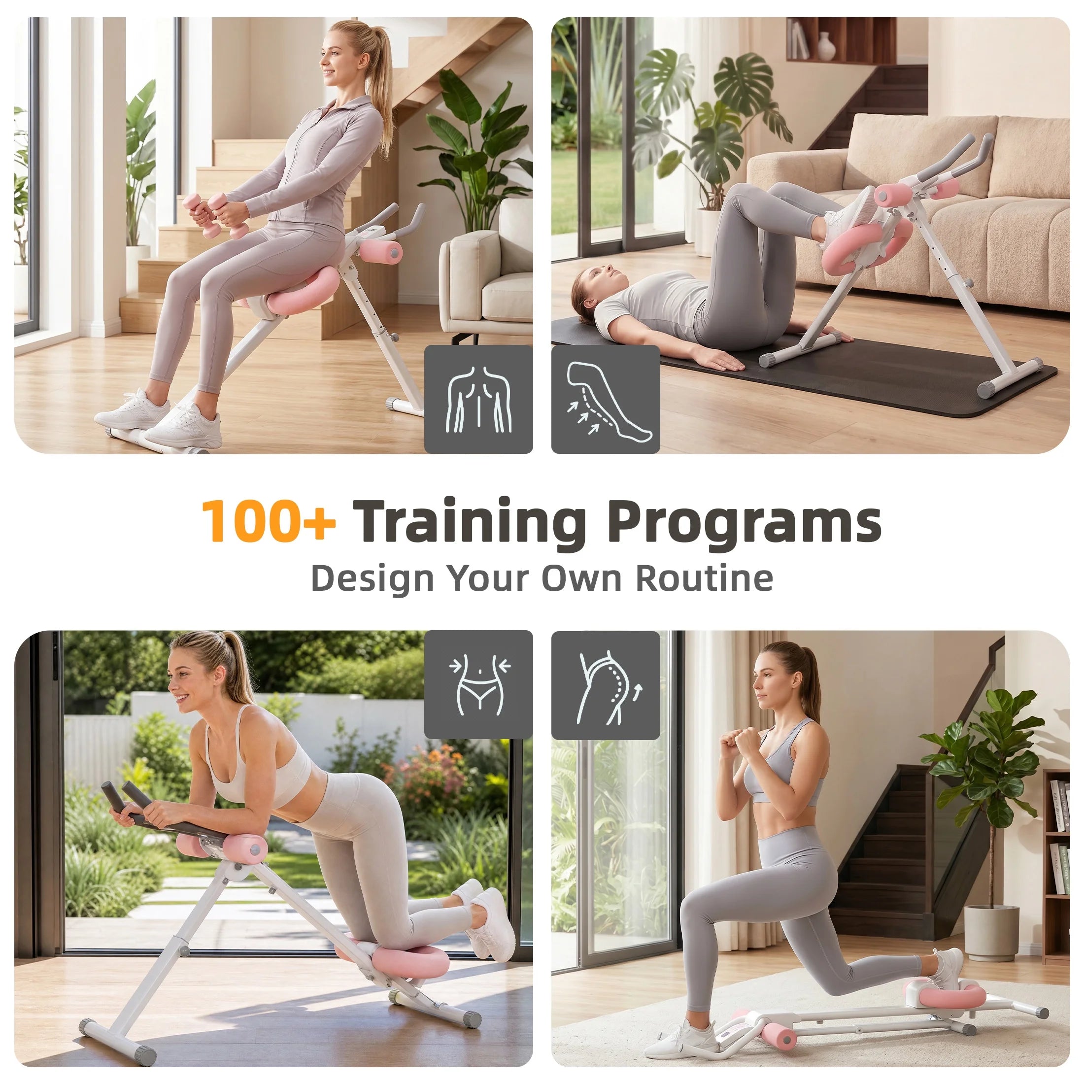 Ab Machine for Home Gym, Adjustable Ab Workout Equipment with LCD Display, Foldable Core Trainer, 440 Lbs Capacity, Pink