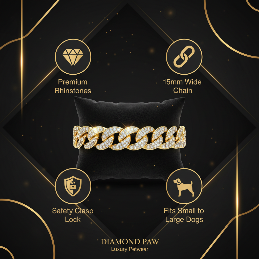Luxury Cuban Link Dog Collar – Gold Diamond Metal Chain Necklace Jewelry for Pets