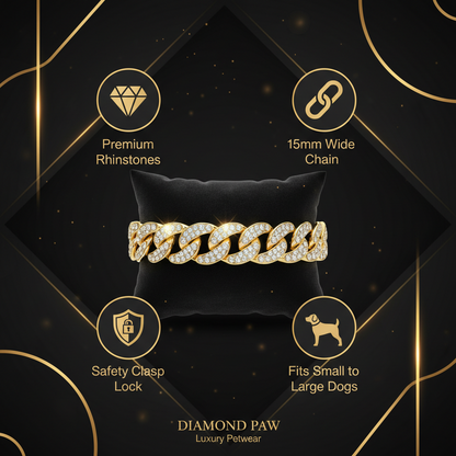 Luxury Cuban Link Dog Collar – Gold Diamond Metal Chain Necklace Jewelry for Pets
