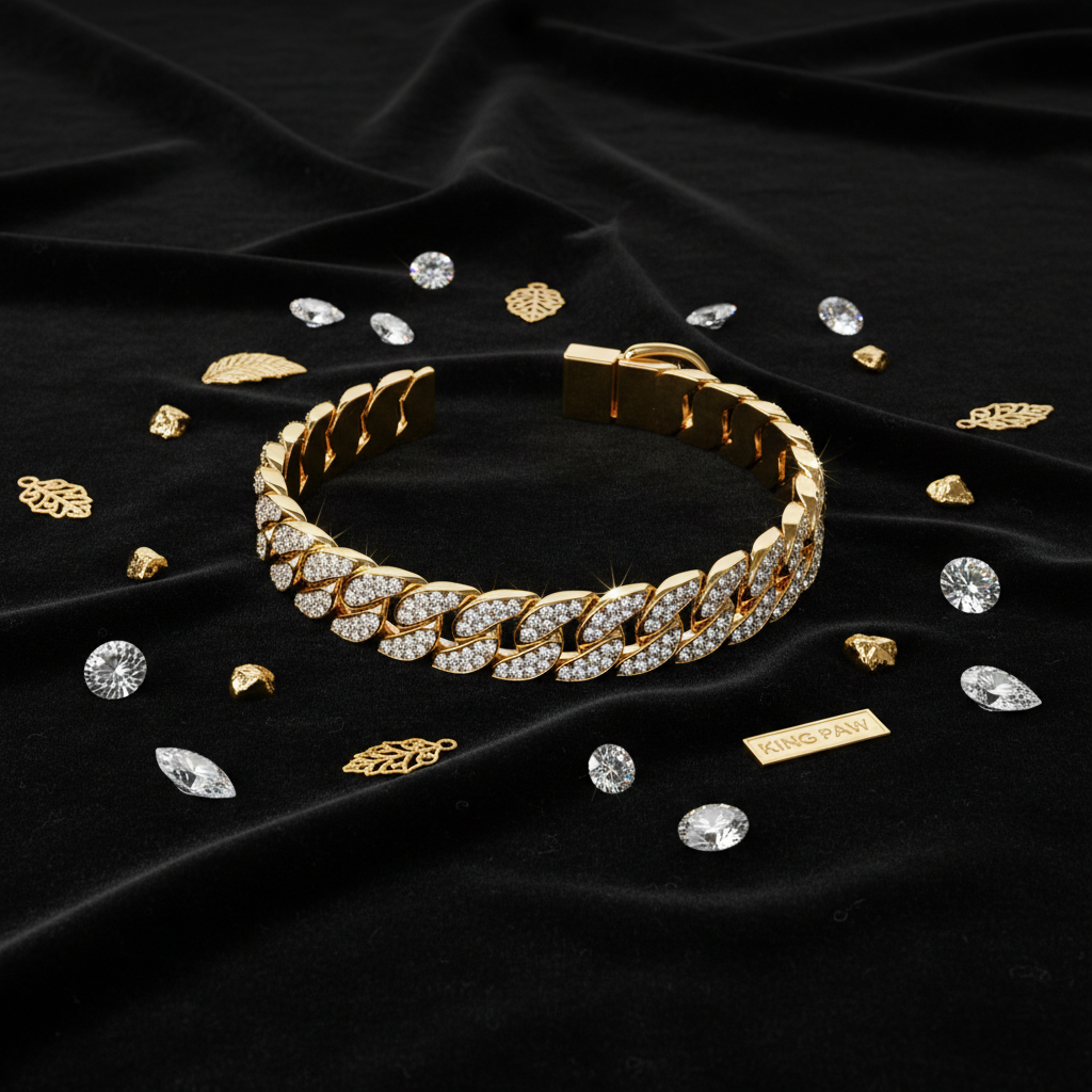 Luxury Cuban Link Dog Collar – Gold Diamond Metal Chain Necklace Jewelry for Pets