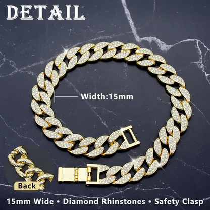 Luxury Cuban Link Dog Collar – Gold Diamond Metal Chain Necklace Jewelry for Pets
