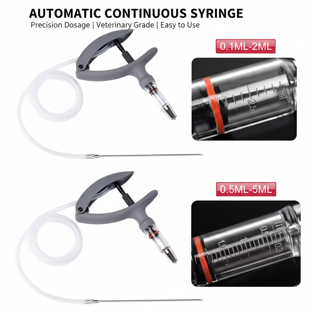 Veterinary Continuous Syringe Gun – Adjustable Dose Animal Injector with 10 Needles