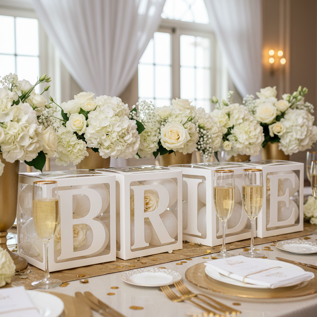 Transparent BRIDE letter boxes on bridal shower table with champagne and white flowers