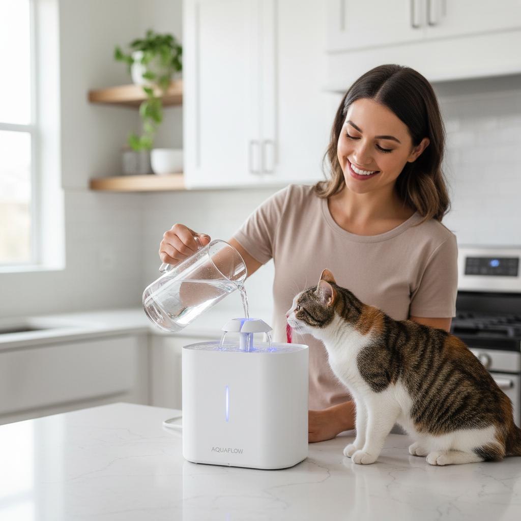 Happy woman filling USB electric pet water fountain as cat drinks from flowing water