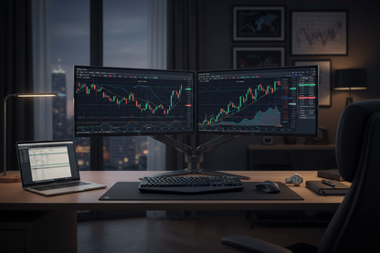 Stock trader workstation with dual monitors on stand showing financial charts