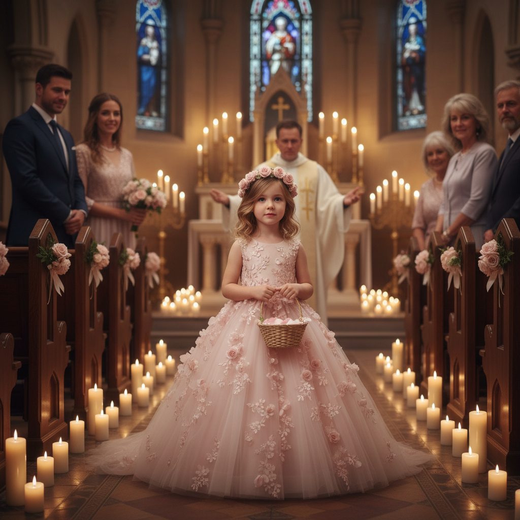 Little girl in blush pink flower girl gown at christening ceremony