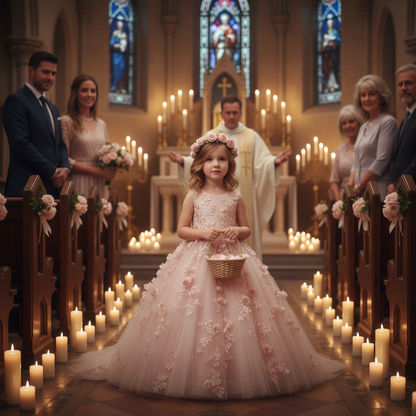 Little girl in blush pink flower girl gown at christening ceremony