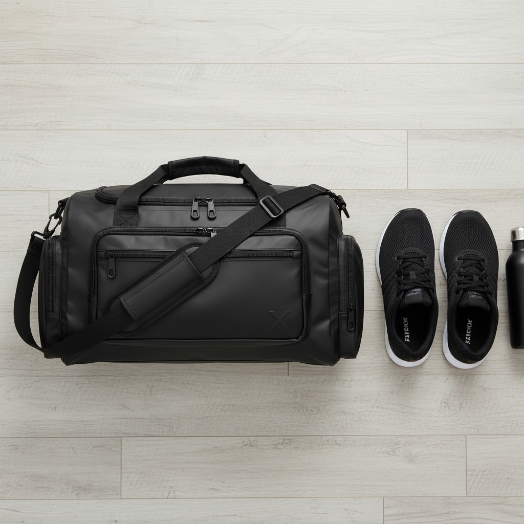 Duffel bag flat lay with gym accessories