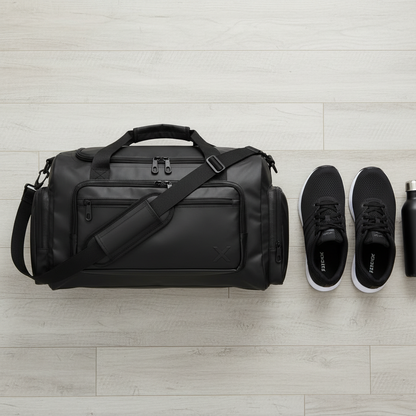 Duffel bag flat lay with gym accessories