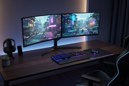 Dual monitor arm gaming setup with RGB keyboard dark desk