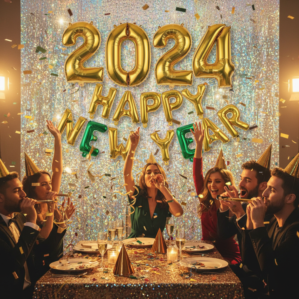 Gold and green foil letter balloons at New Year's Eve countdown party