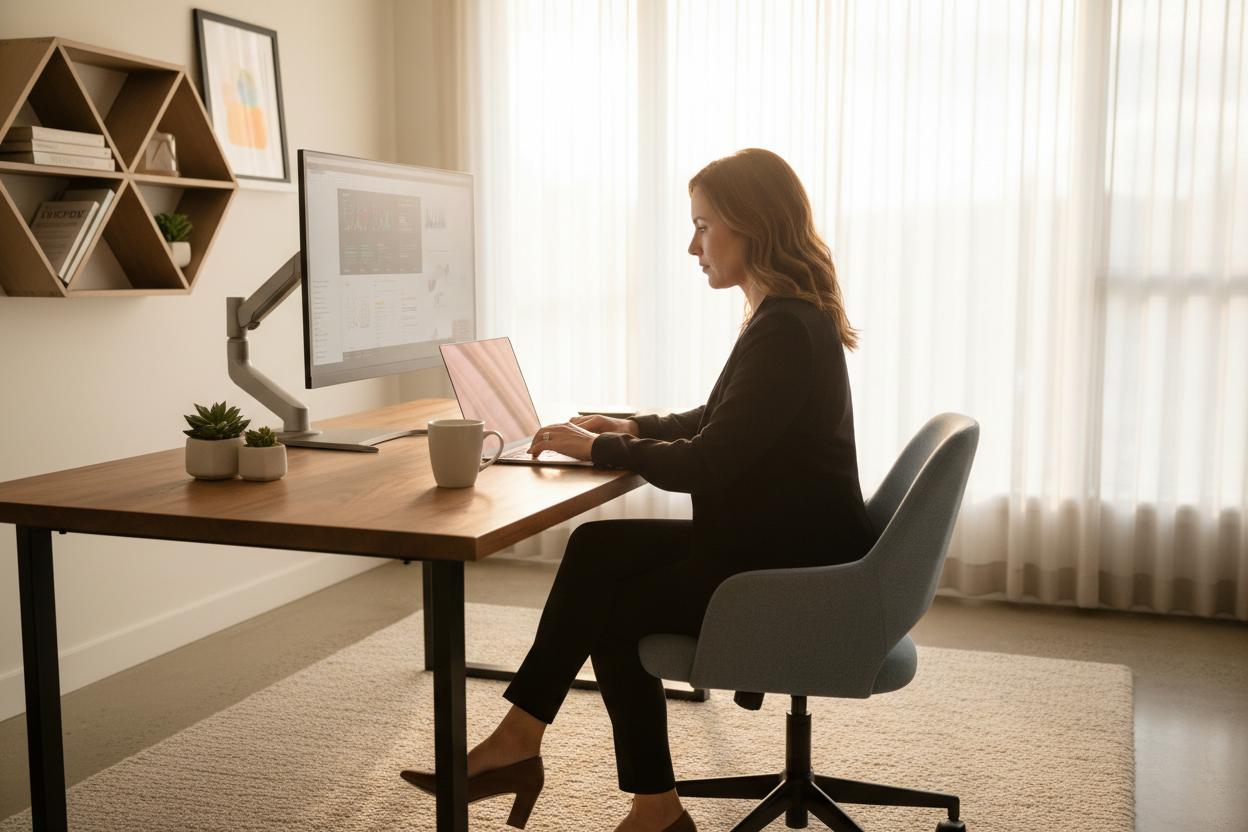 Professional using gray laptop in modern home office