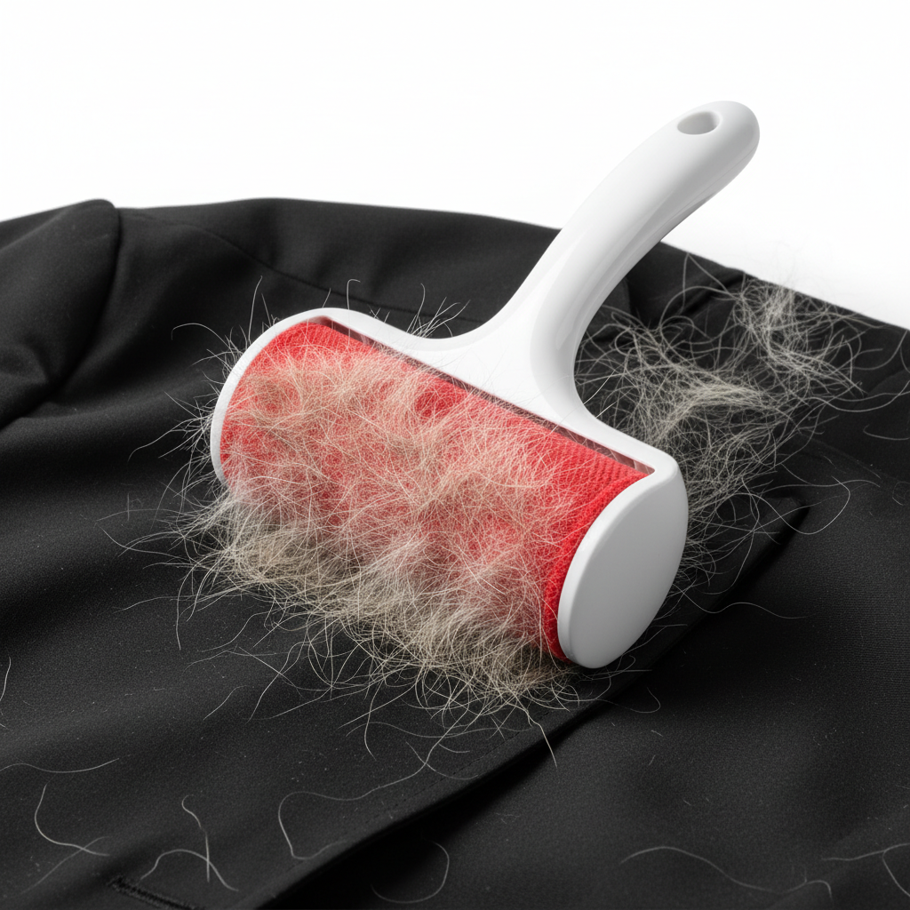 Pet hair remover on black jacket removing dog fur