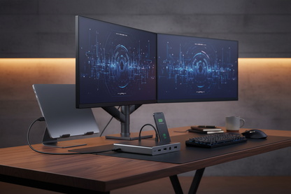 USB-C dock on modern desk setup with dual monitors