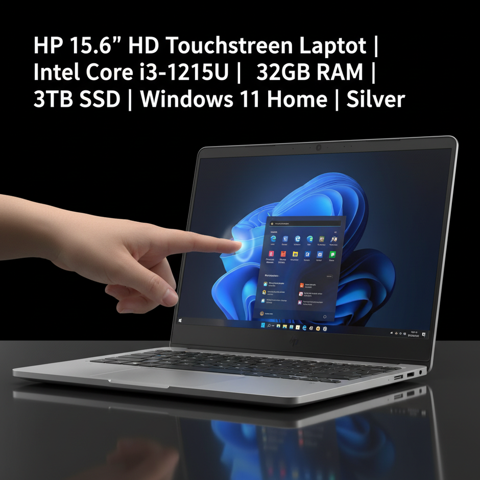 Person touching HP 15.6 inch touchscreen display with Windows 11 Home