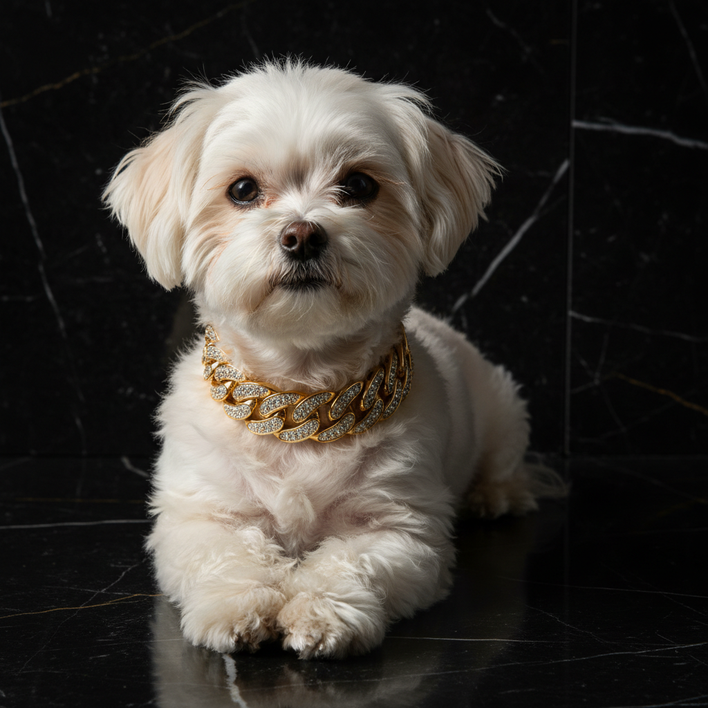 Stylish small dog wearing a gold Cuban link chain diamond collar