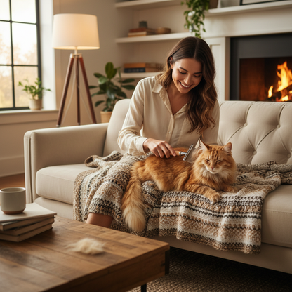 Smiling young woman brushing long-haired cat with professional deshedding comb on cozy sofa