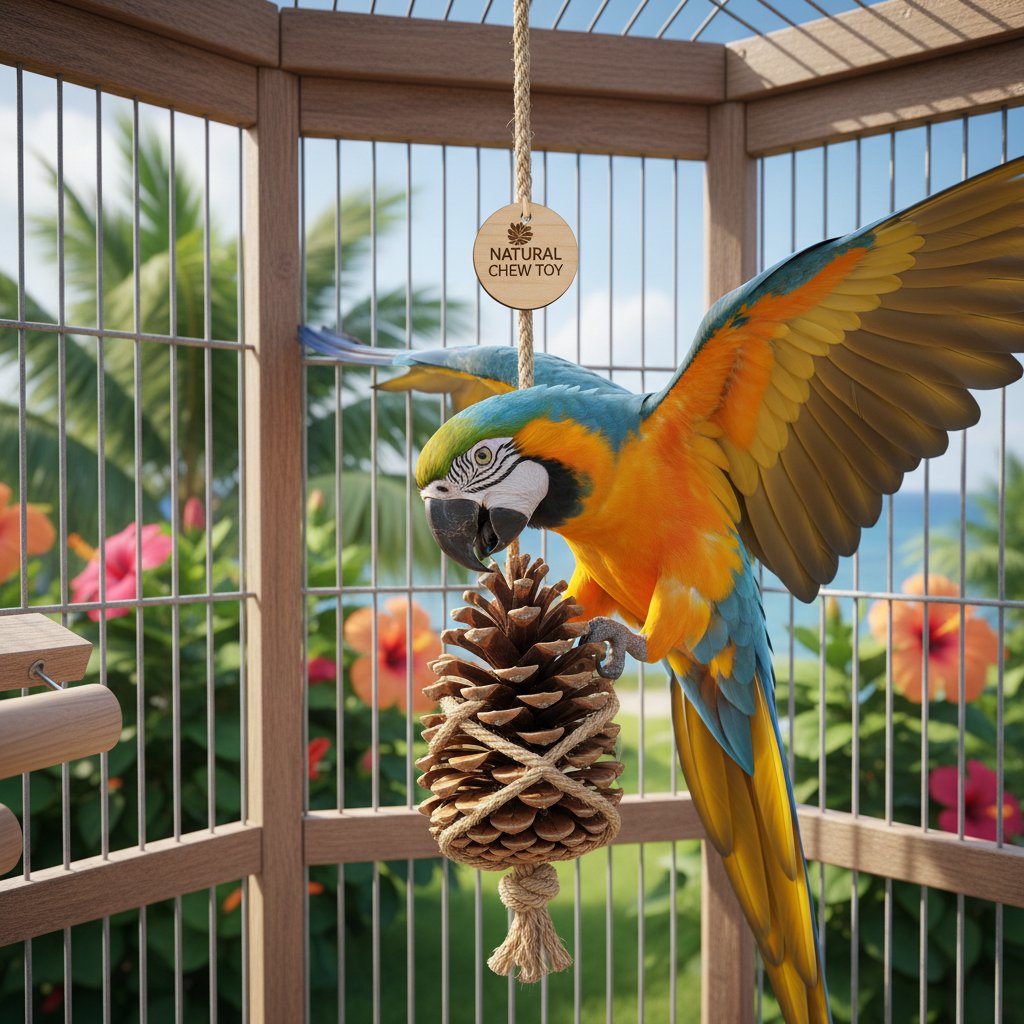 Colorful parrot playing with a natural pine cone hanging bird cage toy