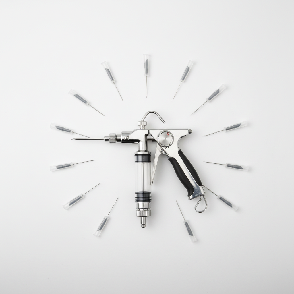 Automatic continuous animal syringe injector gun with 10 needles flat lay on white background
