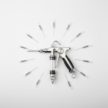 Automatic continuous animal syringe injector gun with 10 needles flat lay on white background