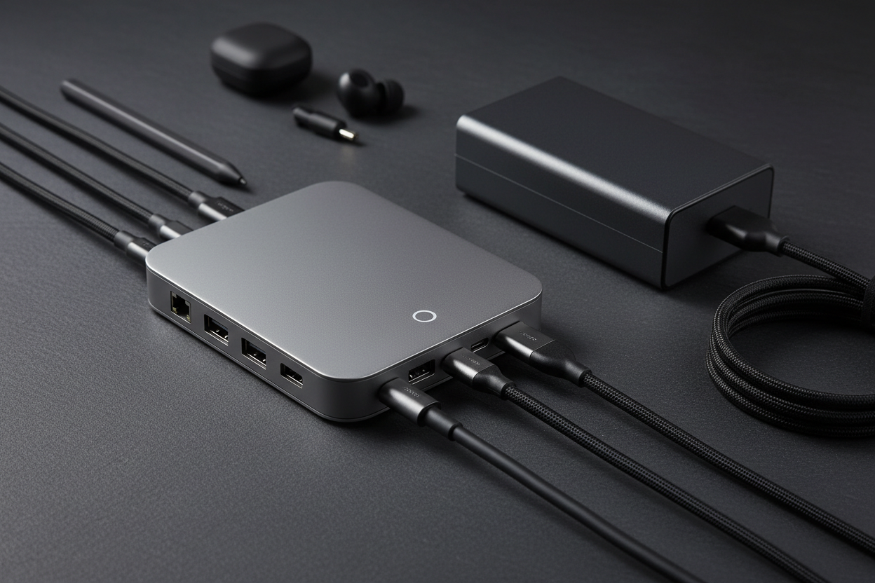 USB-C dock flat lay on dark slate surface