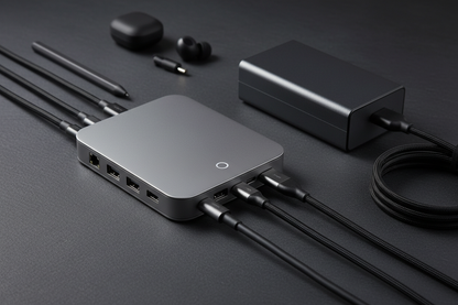 USB-C dock flat lay on dark slate surface