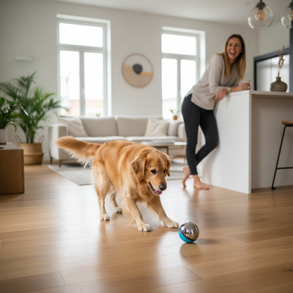 Happy dog playing with smart auto-rolling electric ball toy