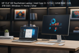 HP 15.6 inch touchscreen laptop connected to HDMI monitor in home office