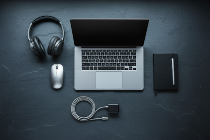 Acer e10 ETBook flat lay with accessories on dark slate