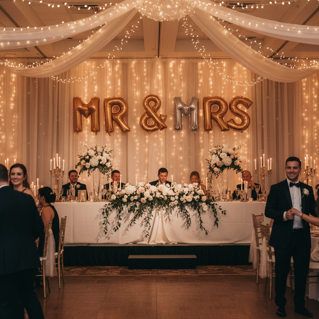 Gold and milky white foil letter balloons spelling MR and MRS at wedding reception