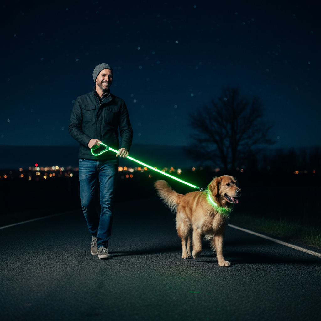 Man walking dog with bright LED glow-in-the-dark nylon leash and collar set at night