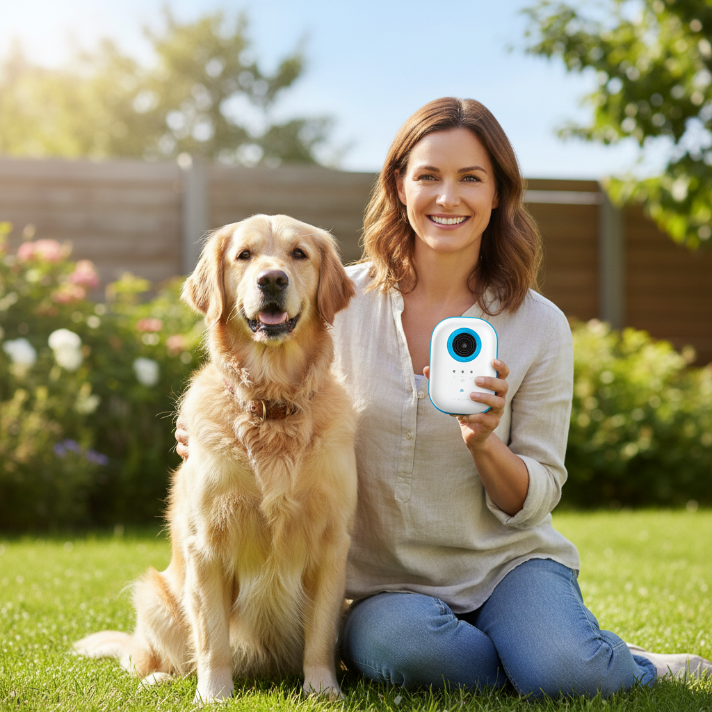 Smiling woman using ultrasonic bark repeller device while calm dog sits beside her