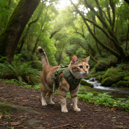 Cat wearing an escape-proof reflective mesh harness on an outdoor adventure
