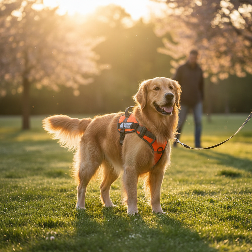 Happy dog wearing a no-pull reflective padded harness vest on a morning walk in a park