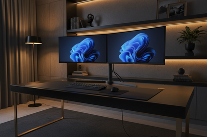 Dual monitor stand on modern dark luxury home office desk