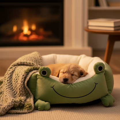 Cute puppy sleeping peacefully inside warm frog-shaped plush pet nest bed