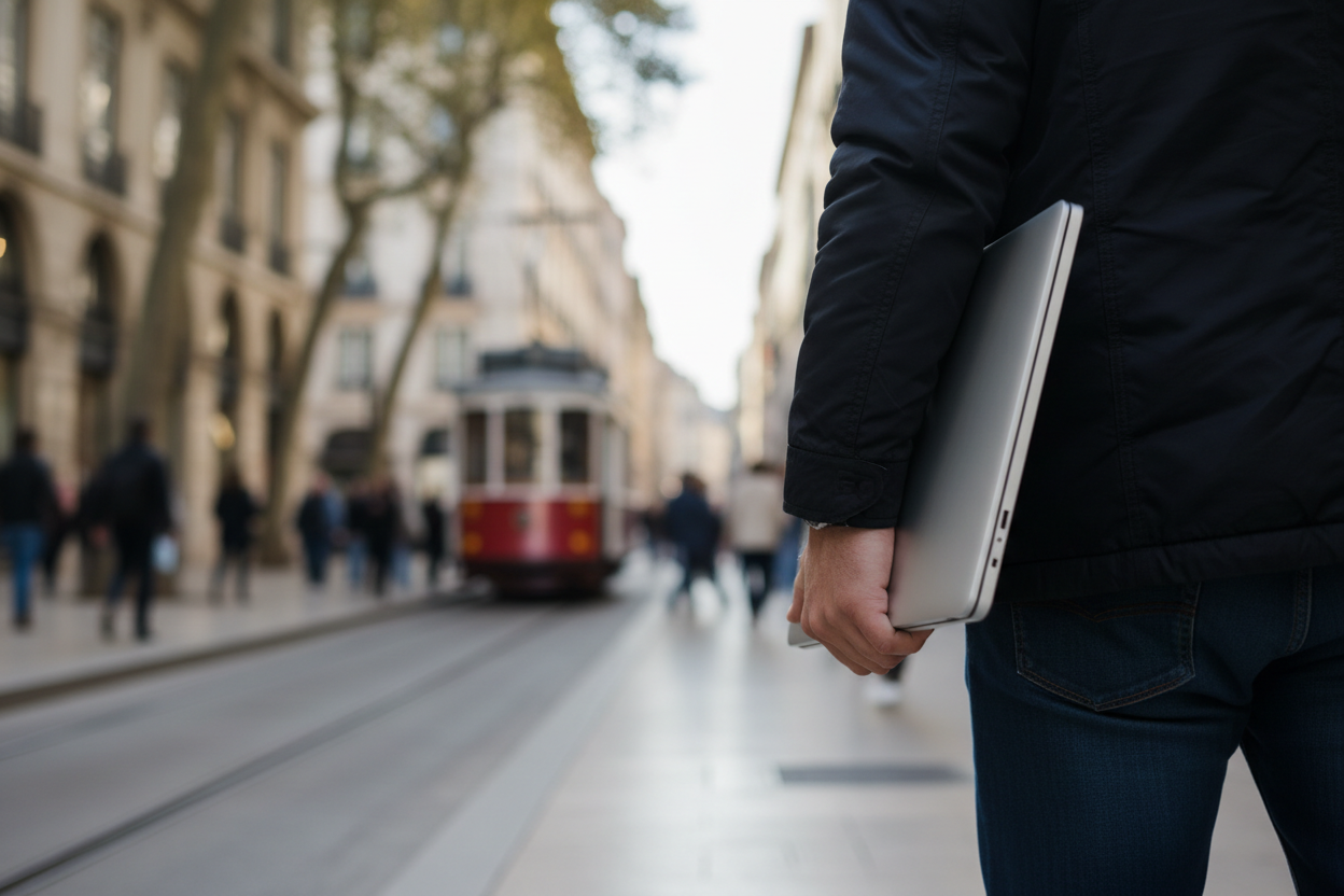 Slim gray laptop being carried outdoors travel lifestyle